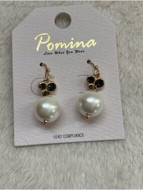 Pomina Gold Pearl Drop Earrings with Crystal Accents - White